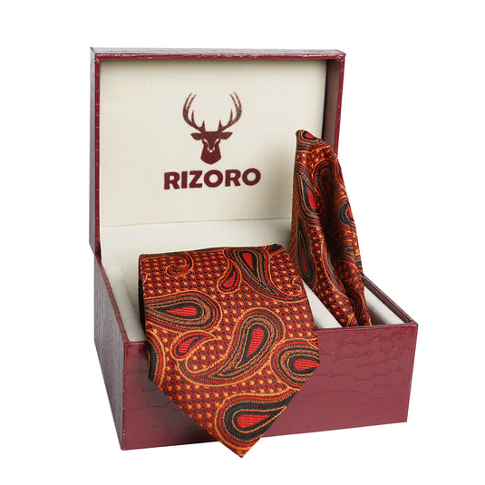 RIZORO Mens Plaid Pasiley Silk Necktie Tie Gift Set With Pocket Square & Brooch Pin Formal Tie Set (AMBI3RS, Free Size)