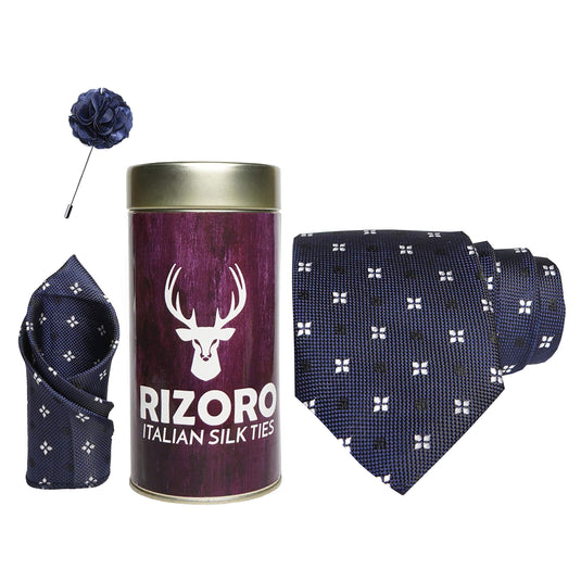 RIZORO Mens Plaid Dotted Silk Necktie Gift Set With Pocket Square & Brooch Pin Formal Tie Combo (4D2RT, Free Size)