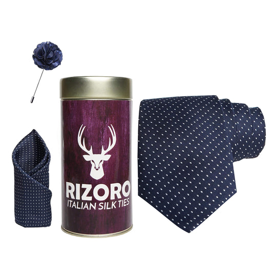 RIZORO Mens Plaid Dotted Silk Necktie Gift Set With Pocket Square & Brooch Pin Formal Tie Combo (D1RT, Free Size)