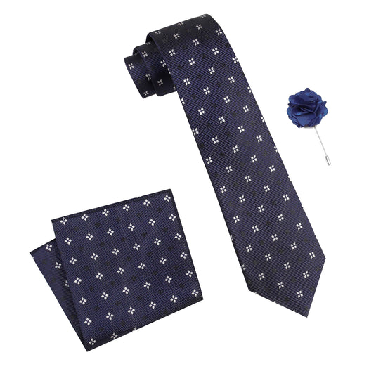 RIZORO Mens Plaid Dotted Silk Necktie Tie Gift Set With Pocket Square & Brooch Pin Formal Tie Set (4D2RS, Free Size)