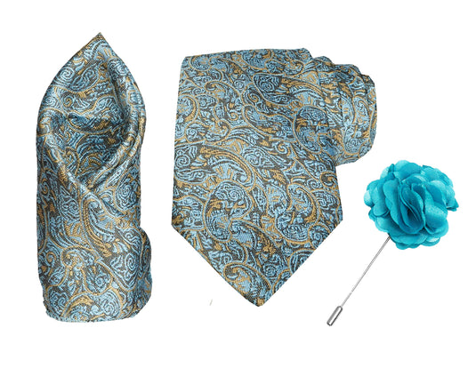 RIZORO Men Paisley Micro Fibre Necktie Gift Set With Pocket Square & Brooch Pin Formal Tie (Turquoise PARTRRS Free Size)