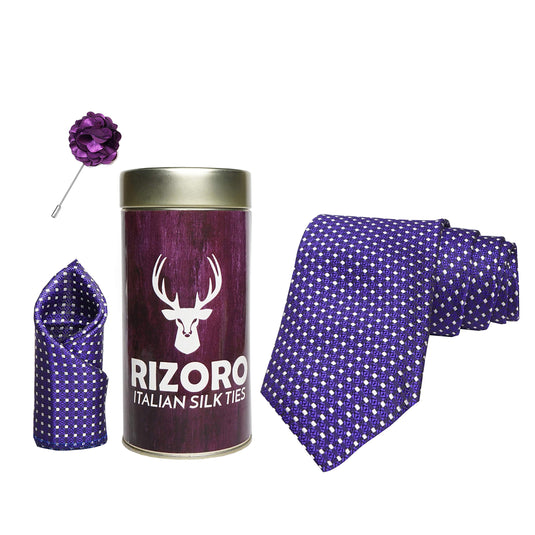 RIZORO Mens Plaid Dotted Silk Necktie Gift Set With Pocket Square & Brooch Pin Formal Tie Combo (Purple, A11PLRT, Free Size)