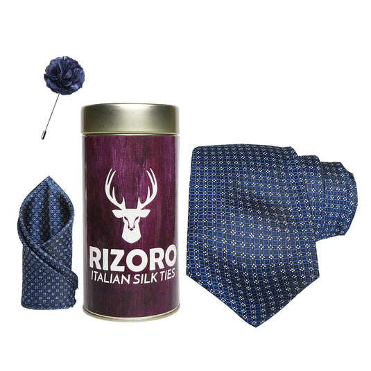 RIZORO Mens Plaid Dotted Silk Necktie Gift Set With Pocket Square & Brooch Pin Formal Tie Combo (4D4RT, Free Size)