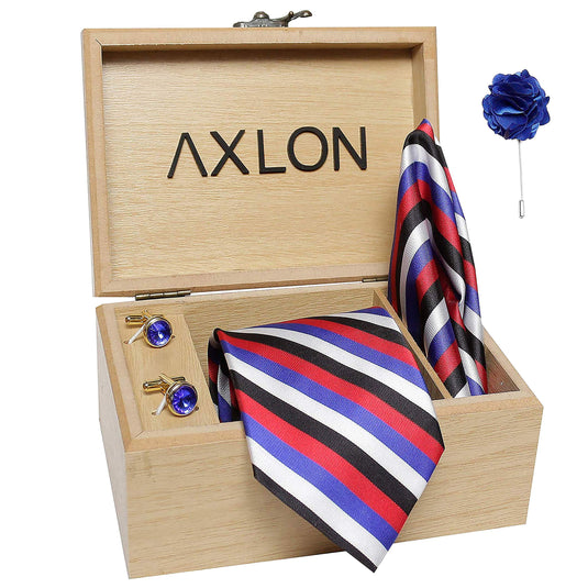 Axlon Men's Micro Polyester Stripped Necktie Set with Pocket Square, Brooch Pin and Cufflinks (Multioclour, Free Size)