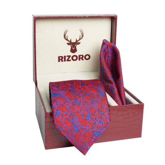 RIZORO Men Paisley Micro Fibre Necktie Gift Set With Pocket Square & Brooch Pin Formal Tie (Turquoise PARTRRS Free Size)