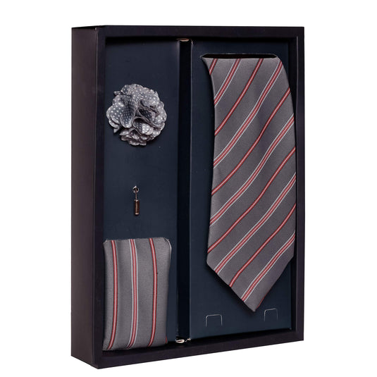 Axlon Men's Polyester Necktie Set with Pocket Square, Brooch Pin and Cufflinks (Free Size, Grey)