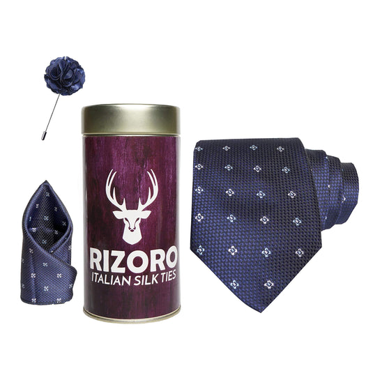 RIZORO Mens Plaid Dotted Silk Necktie Gift Set With Pocket Square & Brooch Pin Formal Tie Combo (4D5RT, Free Size)