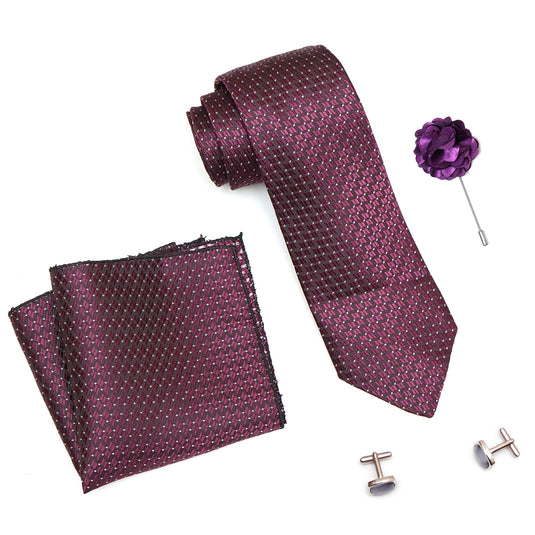 RIZORO Mens Plaid Dotted Silk Necktie Tie Gift Set With Pocket Square, Cufflinks & Brooch Pin Formal Tie With Leatherite Box (A12RB, Free Size)