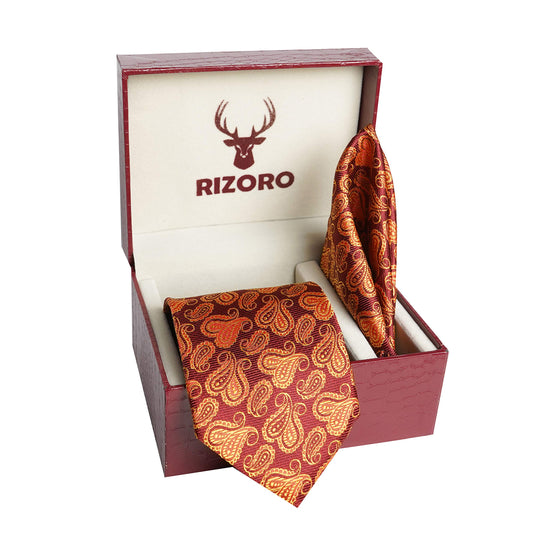 RIZORO Mens Plaid Pasiley Silk Necktie Tie Gift Set With Pocket Square & Brooch Pin Formal Tie Set (AMBI1RS, Free Size)