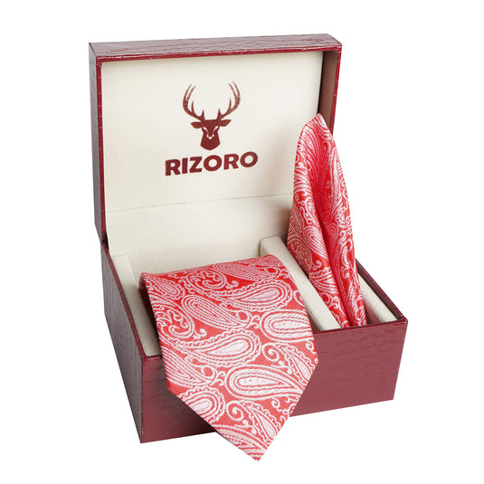 RIZORO Men Paisley Micro Fibre Necktie Gift Set With Pocket Square Cufflinks & Brooch Pin Formal Tie (Beige AMBM1BGRB Free Size)