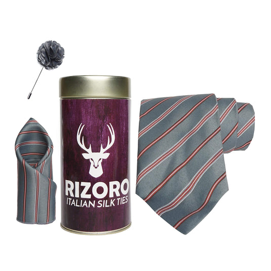 RIZORO Mens Plaid Stripped Silk Necktie Gift Set With Pocket Square & Brooch Pin Formal Tie Combo (S6RT, Free Size)