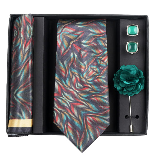 Axlon Mens Plaid Micro Self Silk Necktie Gift Set With Pocket Square Cufflinks & Brooch Pin Tie for Men Formal Tie Set with Box (Pack of 4) (Green, 2022AX_21)