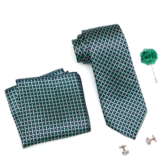 RIZORO Mens Plaid Dotted Silk Necktie Tie Gift Set With Pocket Square, Cufflinks & Brooch Pin Formal Tie With Leatherite Box (A14RB, Free Size)