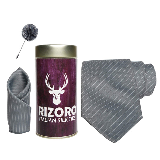 RIZORO Mens Plaid Stripped Silk Necktie Gift Set With Pocket Square & Brooch Pin Formal Tie Combo (S1RT, Free Size)