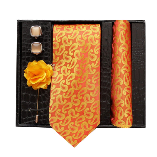 AXLON Formal/Casual Printed Polyester Necktie Set with Pocket Square, Brooch Pin and Cufflinks for Men (Free Size, Yellow )