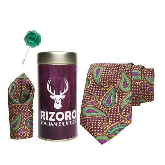 RIZORO Mens Plaid Pasiley Silk Necktie Gift Set With Pocket Square & Brooch Pin Formal Tie Combo (AMBI3RT, Free Size)