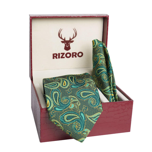 RIZORO Mens Plaid Pasiley Silk Necktie Tie Gift Set With Pocket Square & Brooch Pin Formal Tie Set (AMBI4RS, Free Size)