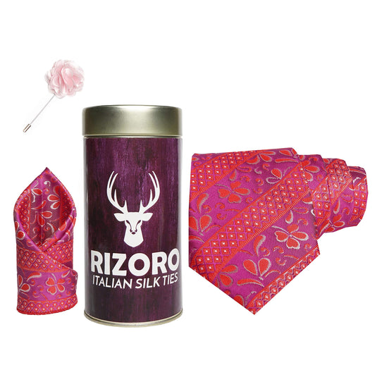 RIZORO Mens Plaid Pasiley Silk Necktie Gift Set With Pocket Square & Brooch Pin Formal Tie Combo (AS1RT, Free Size)