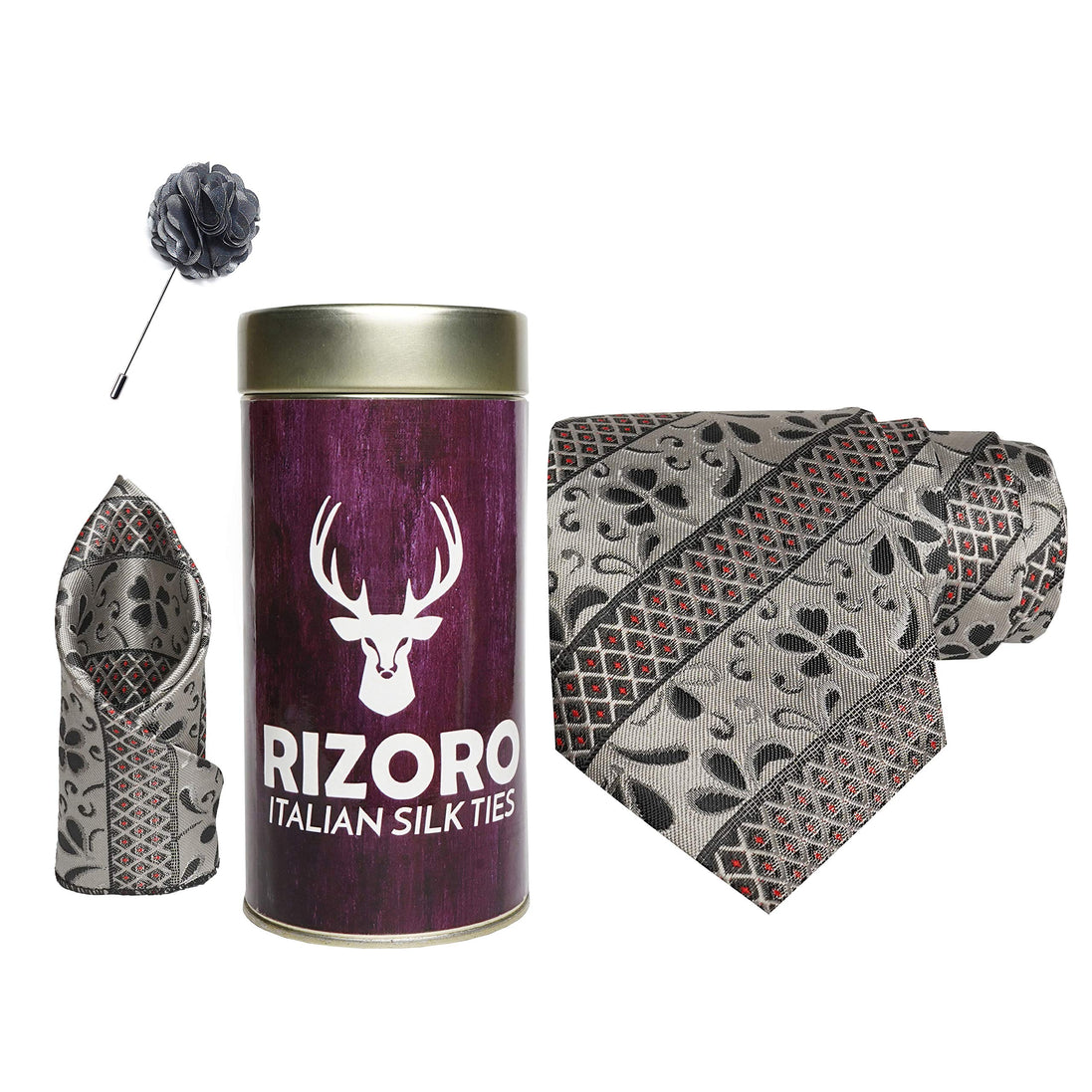 RIZORO Mens Plaid Pasiley Silk Necktie Gift Set With Pocket Square & Brooch Pin Formal Tie Combo (AS1RT, Free Size)