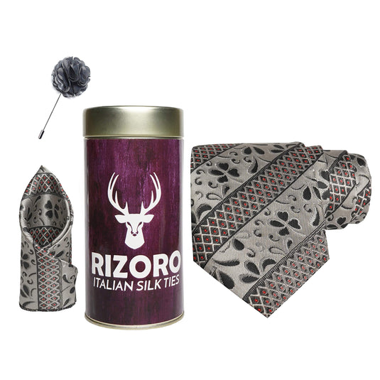 RIZORO Mens Plaid Pasiley Silk Necktie Gift Set With Pocket Square & Brooch Pin Formal Tie Combo (AS1RT, Free Size)