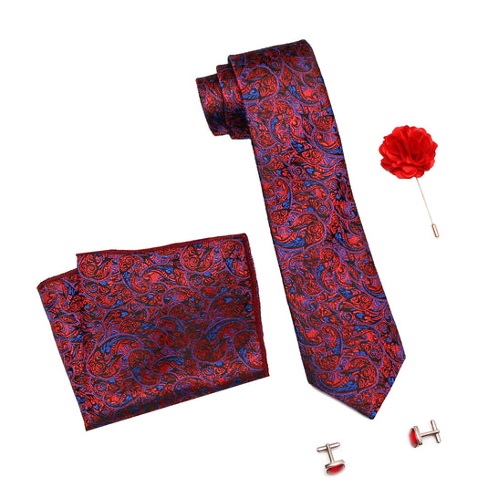 AXLON Men's Micro Polyester Casual Formal Printed Necktie Set with Pocket Square, Brooch Pin and Cufflinks in Wooden Box (Red & Blue, Free Size)