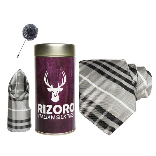 RIZORO Mens Plaid Checkered Silk Necktie Gift Set With Pocket Square & Brooch Pin Formal Tie Combo (BURRT, Free Size)