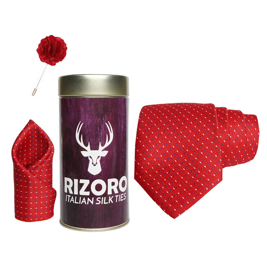 RIZORO Mens Plaid Dotted Silk Necktie Gift Set With Pocket Square & Brooch Pin Formal Tie Combo (D1RT, Free Size)