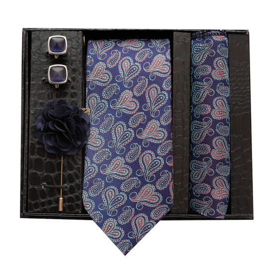 axlon Formal/Casual Printed Polyester Necktie Set with Pocket Square, Brooch Pin and Cufflinks for Men (Free Size, Blue )