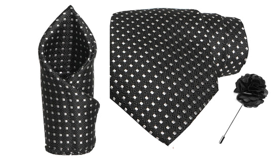 RIZORO Mens Plaid Dotted Silk Necktie Tie Gift Set With Pocket Square & Brooch Pin Formal Tie Set (A11RS, Free Size)