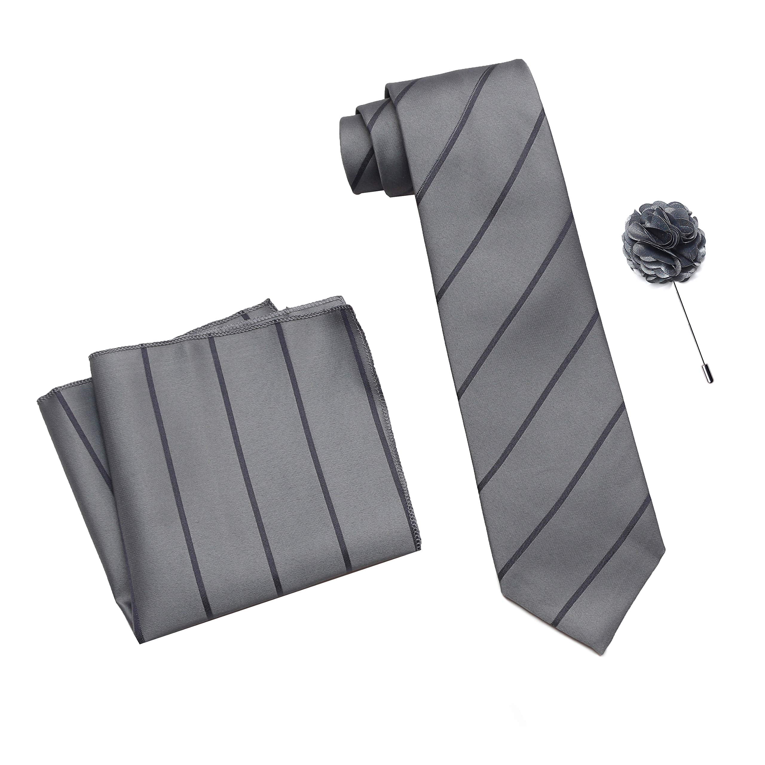 RIZORO Mens Plaid Stripped Silk Necktie Tie Gift Set With Pocket Square & Brooch Pin Formal Tie Set (S2RS, Free Size)
