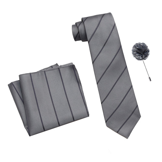 RIZORO Mens Plaid Stripped Silk Necktie Tie Gift Set With Pocket Square & Brooch Pin Formal Tie Set (S2RS, Free Size)