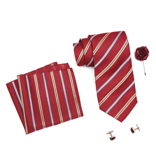 RIZORO Mens Plaid Stripped Silk Necktie Tie Gift Set With Pocket Square, Cufflinks & Brooch Pin Formal Tie With Leatherite Box (Maroon, S5MRRB, Free Size)