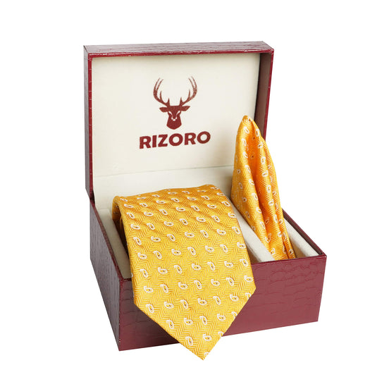 RIZORO Mens Plaid Pasiley Silk Necktie Tie Gift Set With Pocket Square & Brooch Pin Formal Tie Set (AMBICRS, Free Size)