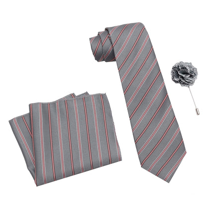 AXLONMen's Micro Polyester Striped Necktie Set with Pocket Square and Brooch Pin (Grey , Free Size)