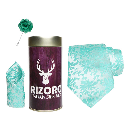 RIZORO Mens Plaid Pasiley Silk Necktie Gift Set With Pocket Square & Brooch Pin Formal Tie Combo (PUNRT, Free Size)