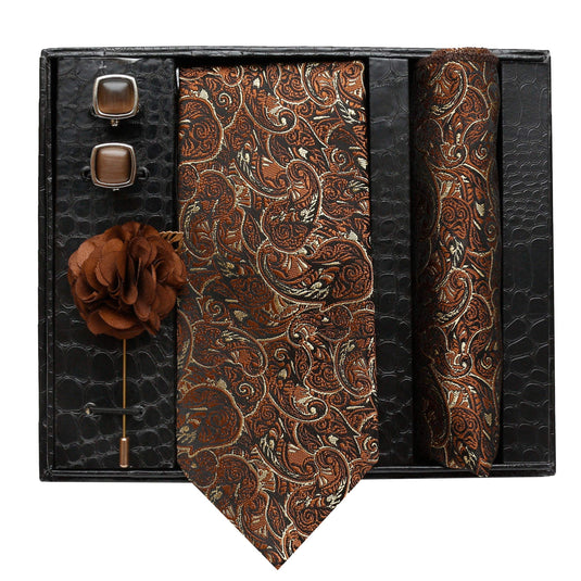 Axlon Necktie, Pocket Square, Brooch Pin Cufflinks Set for Mens Gift Box (ANeckTie-013) (Brown Paisley)