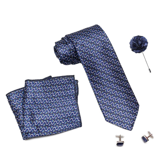 Axlon Men Formal/Casual Printed Satin Neck Tie Pocket Square Accessory Gift Set with Cufflinks and Brooch Pin - Blue (Free Size, ltr_807)