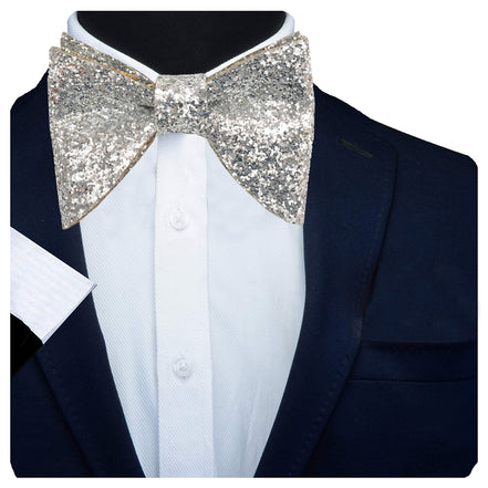 RIZORO Mens Oversize Butterfly Pretied Suede Sparkle Adjustablke Bow Tie For Men (Sparkle-Silver)
