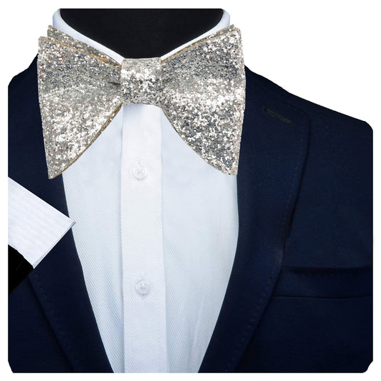 RIZORO Mens Oversize Butterfly Pretied Suede Sparkle Adjustablke Bow Tie For Men (Sparkle-Silver)