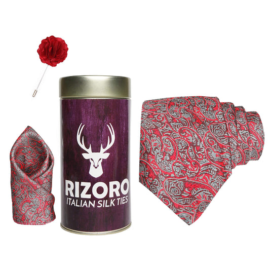 RIZORO Mens Plaid Pasiley Silk Necktie Gift Set With Pocket Square & Brooch Pin Formal Tie Combo (PARRT, Free Size)