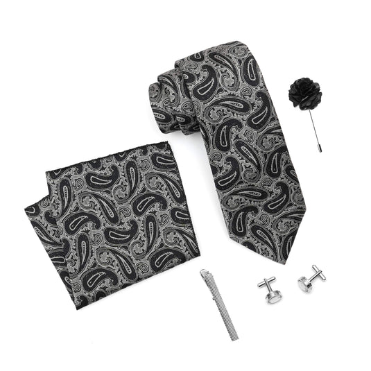 RIZORO Mens Plaid Micro Self Silk Paisley Black Necktie Gift Set With Pocket Square Cufflinks Brooch Pin Men Tie Clip Formal Tie With Wooden Box For Gifting (RW_27, Free Size)