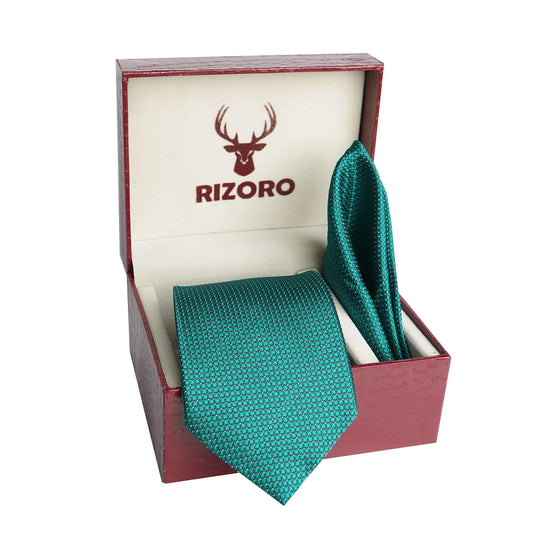 RIZORO Men Dotted Micro Fibre Necktie Gift Set With Pocket Square & Brooch Pin Formal Tie (Blue A13BLRS Free Size)