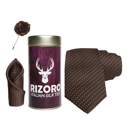 RIZORO Mens Plaid Dotted Silk Necktie Gift Set With Pocket Square & Brooch Pin Formal Tie Combo (D1RT, Free Size)