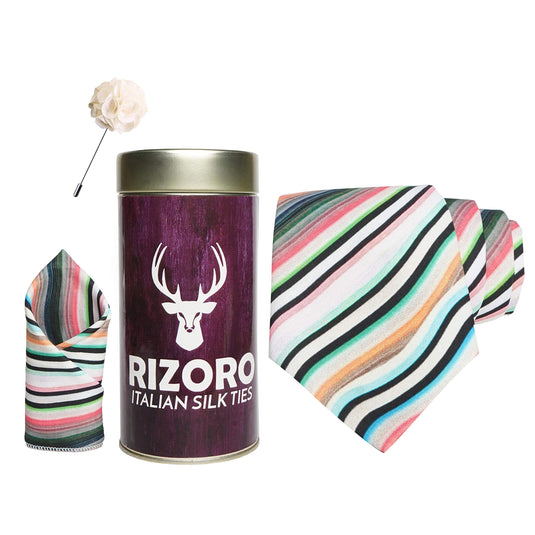 RIZORO Mens Plaid Boho Printed Silk Necktie Gift Set With Pocket Square & Brooch Pin Formal Tie Combo (Multi-Coloured 9, BOHOM9RT, Free Size)