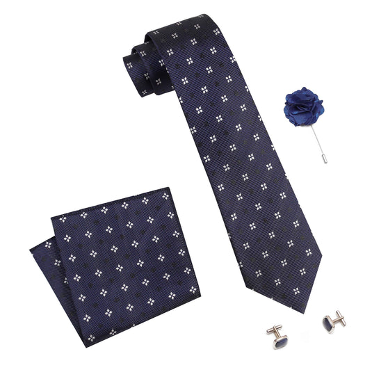 RIZORO Mens Plaid Dotted Silk Necktie Tie Gift Set With Pocket Square, Cufflinks & Brooch Pin Formal Tie With Leatherite Box (4D2RB, Free Size)