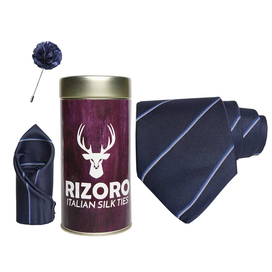 RIZORO Mens Plaid Stripped Silk Necktie Gift Set With Pocket Square & Brooch Pin Formal Tie Combo (S4RT, Free Size)