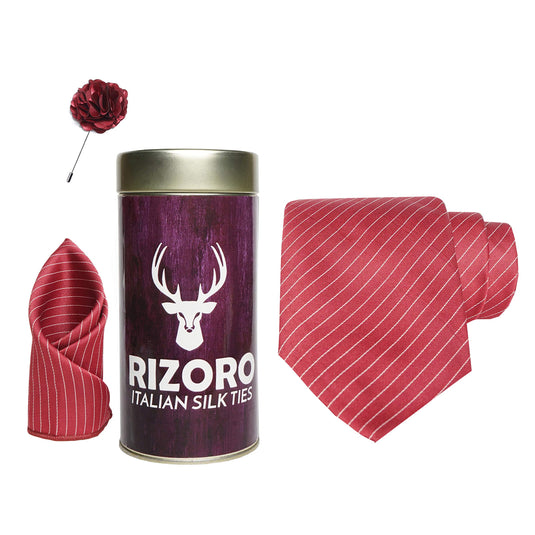 RIZORO Mens Plaid Stripped Silk Necktie Gift Set With Pocket Square & Brooch Pin Formal Tie Combo (S1RT, Free Size)