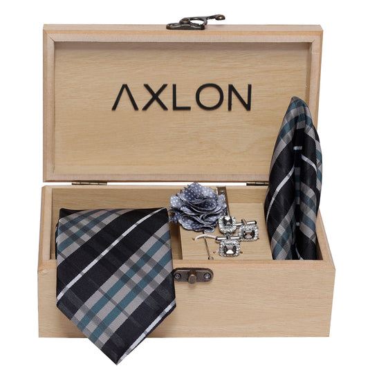 Axlon Men's Micro Polyester Necktie Set with Pocket Square, Brooch Pin and Cufflinks (Grey, Free Size)