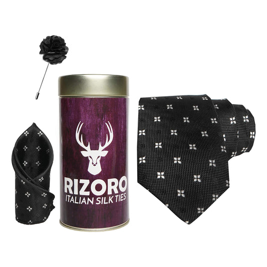 RIZORO Mens Plaid Dotted Silk Necktie Gift Set With Pocket Square & Brooch Pin Formal Tie Combo (4D2RT, Free Size)