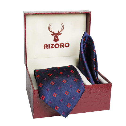 RIZORO Mens Plaid Dotted Silk Necktie Tie Gift Set With Pocket Square & Brooch Pin Formal Tie Set (4D3RS, Free Size)